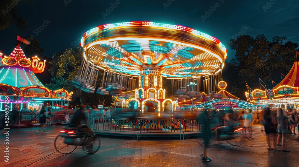 Obraz premium Colorful amusement park with spinning carousel and vibrant lights at night