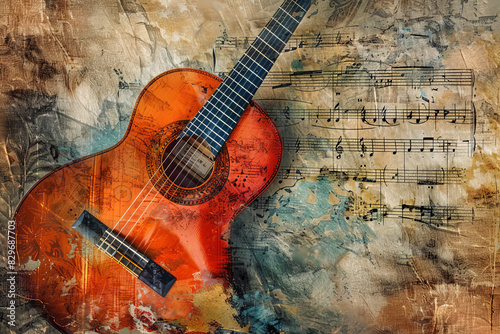 Acoustic guitar with music notes on grunge textured background photo