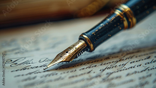 Flowing pen writing on paper, a closeup of the tip with black ink and golden details. A blurred background shows an open book or sheet of white paper with handwritten text in a cursive style. The scen