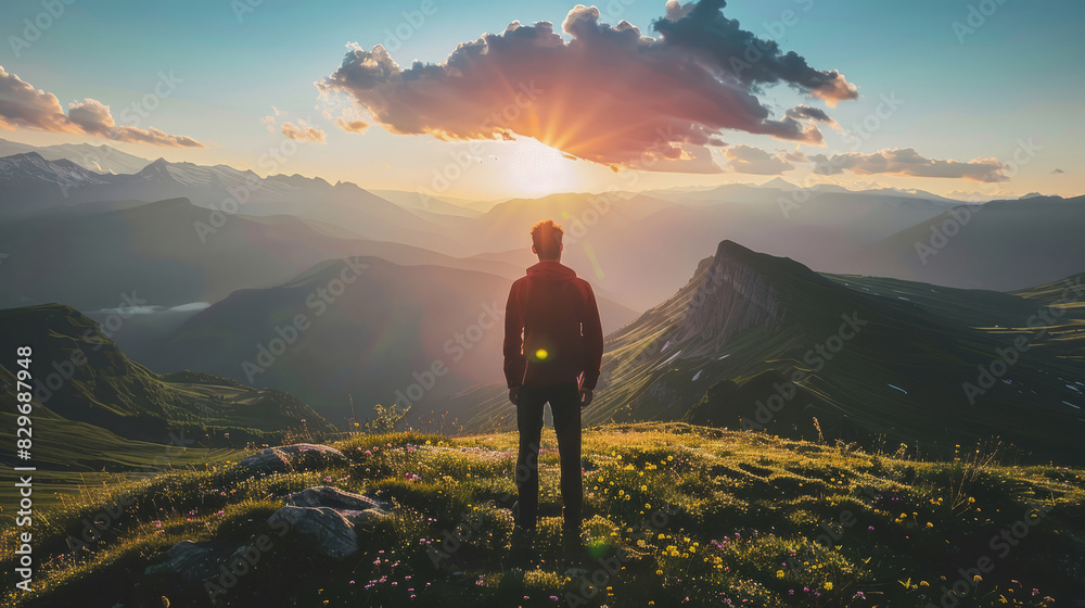 Obraz premium Man standing on mountain peak admiring sunrise over scenic landscape