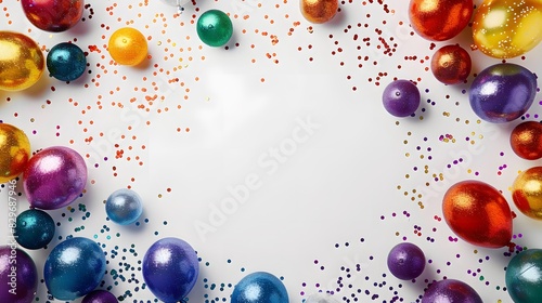 Festive anniversary celebration balloon glitter paper pieces arranged artistically on a white backdrop, providing ample space in the middle for custom text or graphics