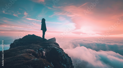 Silhouetted person standing on mountain peak above the clouds