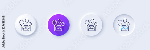 Cake line icon. Neumorphic, Purple gradient, 3d pin buttons. Birthday events sign. Party celebration symbol. Line icons. Neumorphic buttons with outline signs. Vector