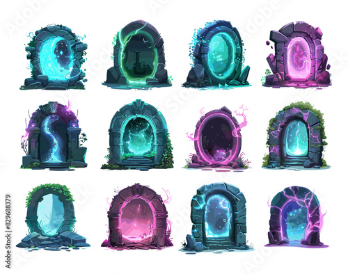 Portals cartoon vector set. Stone arches teleport lightning haze outer worlds transition flashes fantastic magical mysterious fields holes, video game assets illustration isolated on white background