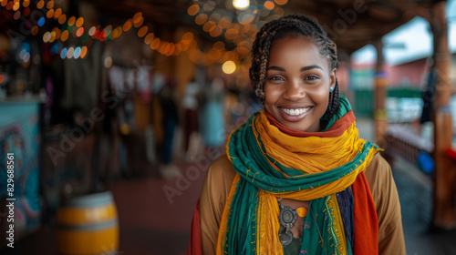 A radiant woman smiles warmly in an indoor market, surrounded by warm lights and vibrant colors from her scarf photo