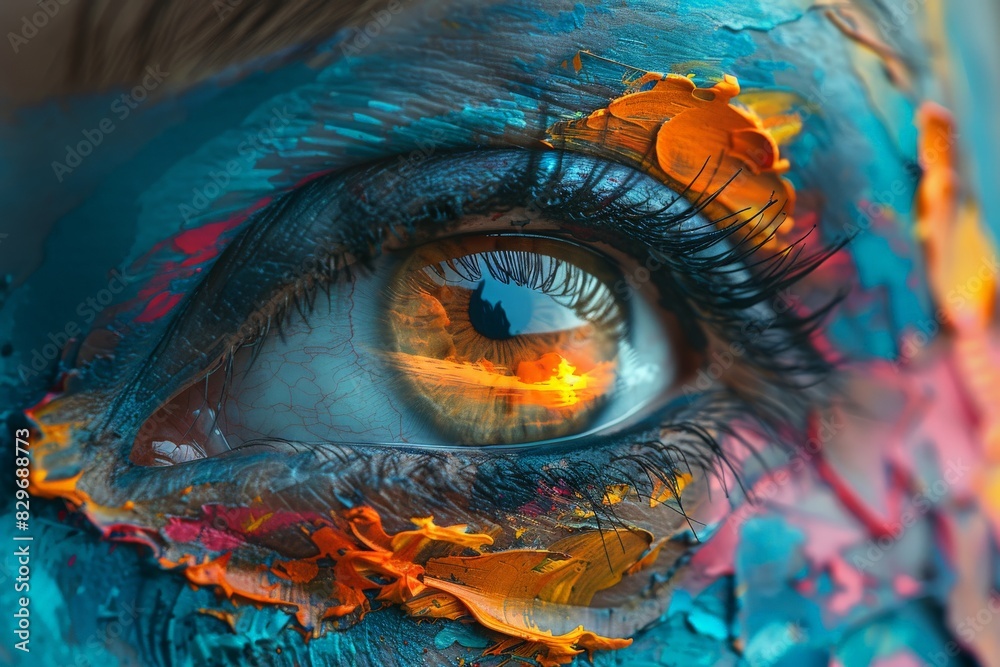 Fototapeta premium A close-up of a human eye dramatically enhanced with vivid colors and textured paint around the eyelids for artistic effect