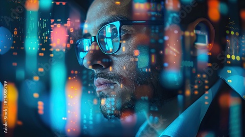 Focused man in glasses analyzing digital data on multiple screens with charts and graphs © JS_Stock