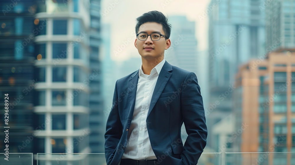 Confident young businessman in black suit standing in modern urban environment Confident young businessman in black suit standing in modern urban environment