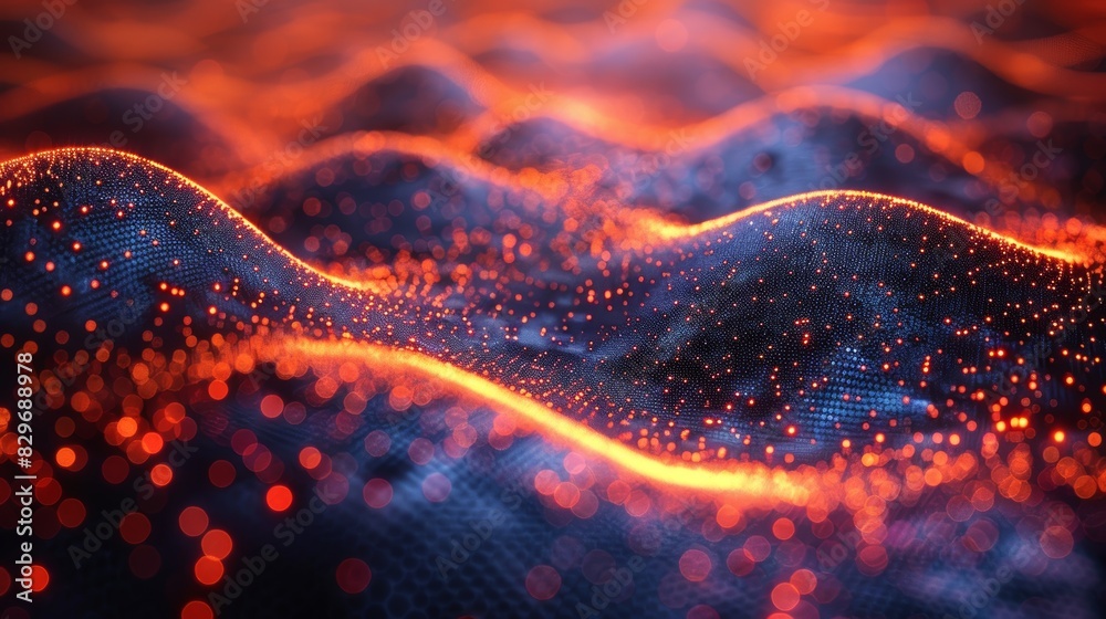 Abstract digital image of a glowing red particle wave with a futuristic tech appeal Abstract digital image of a glowing red particle wave with a futuristic tech appeal