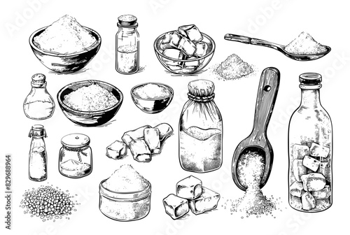 Salt pencil sketch vector set. Spoon powder bowl flask sea iodized crystallized bottles vials culinary seasoning spice, grayscale illustrations isolated on white background