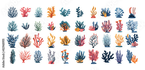 Sea plants cartoon vector set. Corals algae anemones oceanic aquarium reef underwater flora, illustration isolated on white background © ONYXprj