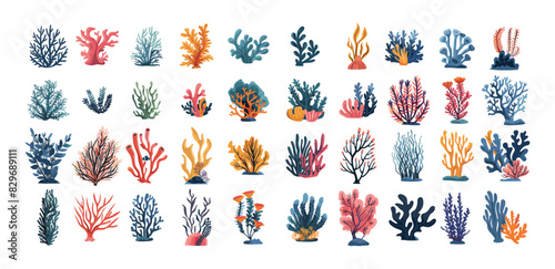 Sea plants cartoon vector set. Corals algae anemones oceanic aquarium reef underwater flora, illustration isolated on white background