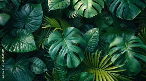 Dense green tropical leaves creating a rich pattern, exemplifies nature's diversity and vibrancy
