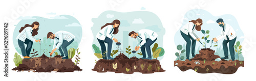 Soil analysis cartoon vector scenes. Scientists man woman coats stems shoots grass sky clouds test tubes flasks taking samples substance equipment ecologists characters, concepts isolated on white