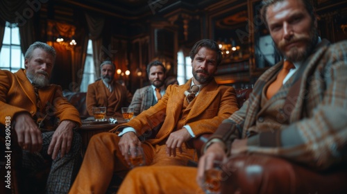 A stylish group of bearded men in tailored suits sitting in a luxurious room holding drinks