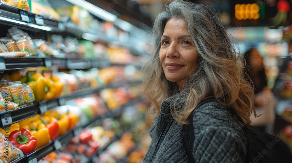 Mature woman with a backpack shopping for groceries in a colorful supermarket aisle