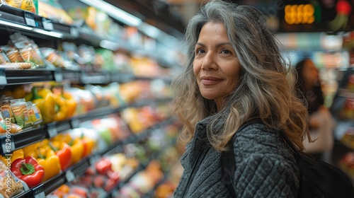 Mature woman with a backpack shopping for groceries in a colorful supermarket aisle