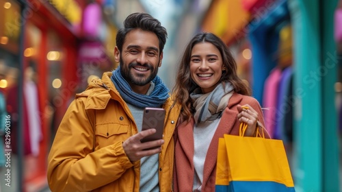 Two joyful people in winter attire hold shopping bags and take a selfie in a vibrant shopping street