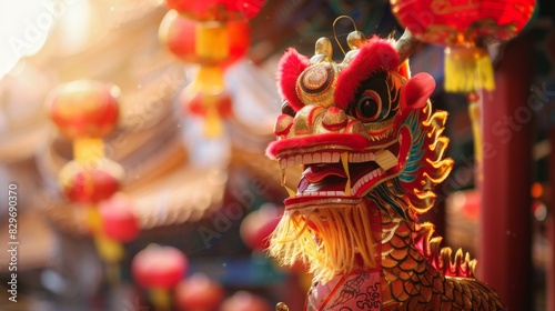 Traditional Chinese Dragon Statue with Red Lanterns
