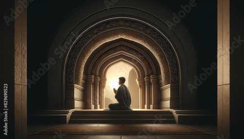 A person kneels in prayer within an intricately designed archway  bathed in warm  golden light