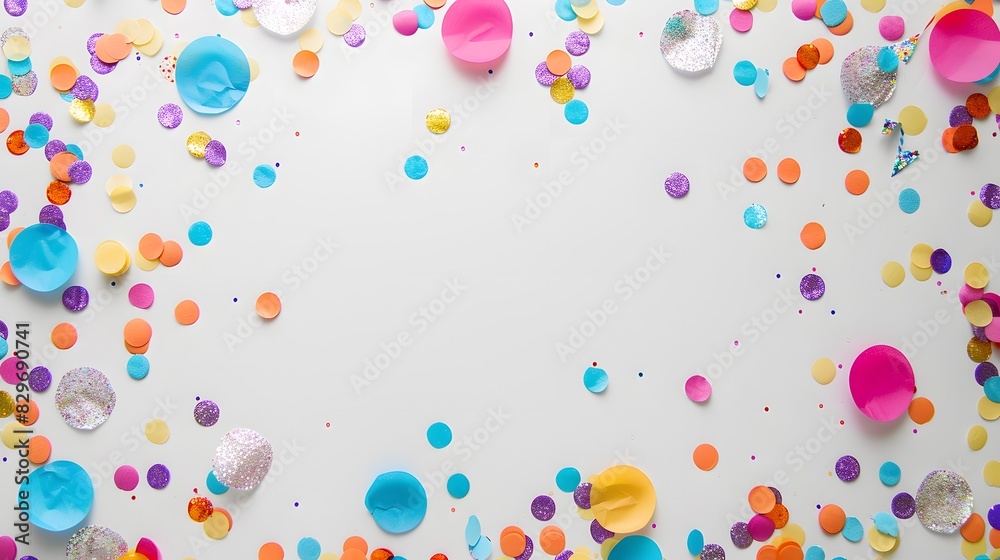 Vibrant balloon glitter paper confetti scattered elegantly on a plain white surface, offering an empty space in the center for customized additions Vibrant balloon glitter paper confetti scattered elegantly on a plain white surface, offering an empty space in the center for customized additions