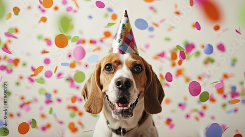 Celebratory Canine: Dog in Party Hat Covered in Confetti © pvl0707