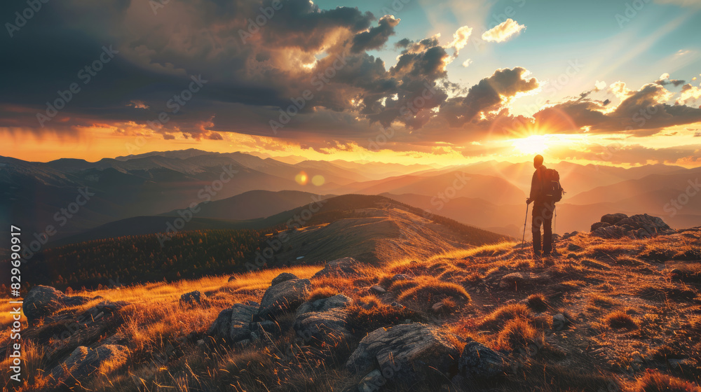 Obraz premium Hiker enjoying scenic mountain sunset with dramatic skies