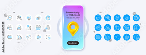 Phone mockup with 3d map pin icon. Sale gift, Add handbag and Surprise line icons. Pack of Puzzle time, Sunscreen, Passport icon. Journey, Vip chip, Backpack pictogram. Vector