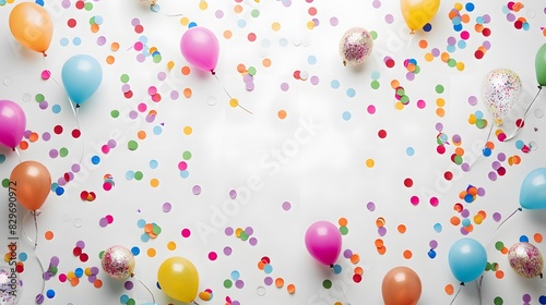 Vibrant balloon glitter paper confetti scattered elegantly on a plain white surface  offering an empty space in the center for customized additions