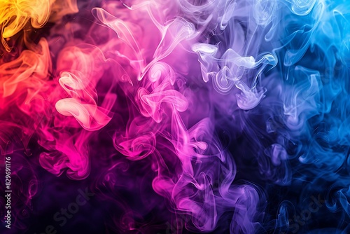 A vibrant eruption of abstract, colored smoke in a dark chamber