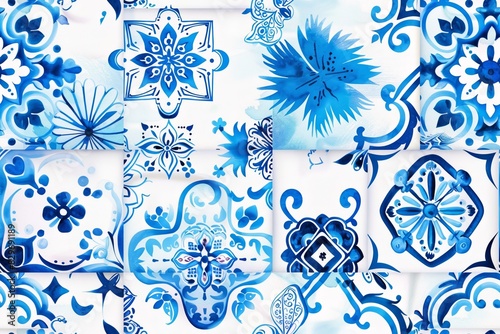 Seamless Pattern with Santorini-Inspired Blue and White Tile Designs Intricate blue and white geometric patterns and delicate floral motifs are arranged in a sophisticated and elegant style. 