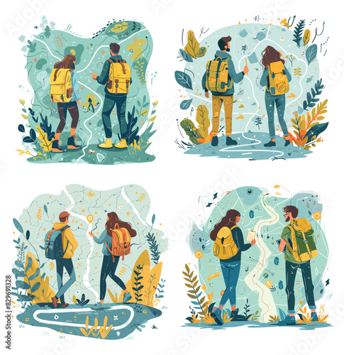 Tourists lost cartoon vector scenes. Men woman back view backpacks map pin hikers bushes plants leaves route road direction travelers characters, path place way target destination illustration