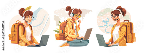 Travel service cartoon vector concepts. Woman glasses backpack laptop map headphones headset microphone consultant online route direction character scenes, illustration isolated on white background