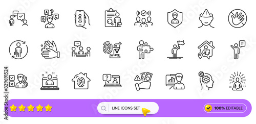 Consulting business, Opinion and People chatting line icons for web app. Pack of Support, Thoughts, Replacement pictogram icons. Fingerprint access, Agent, Fingerprint research signs. Vector