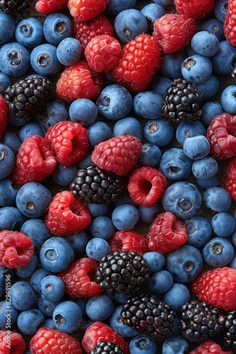 Fresh raspberries and blueberries are meticulously arranged in a pattern  creating a visually appealing display of vibrant colors