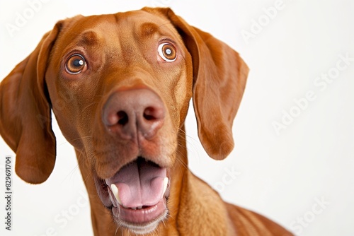 In a studio photo  a friendly Hungarian Vizsla dog is captured pulling a funny face  radiating charm and playfulness. This portrait perfectly captures the lovable and humorous nature of the dog. 