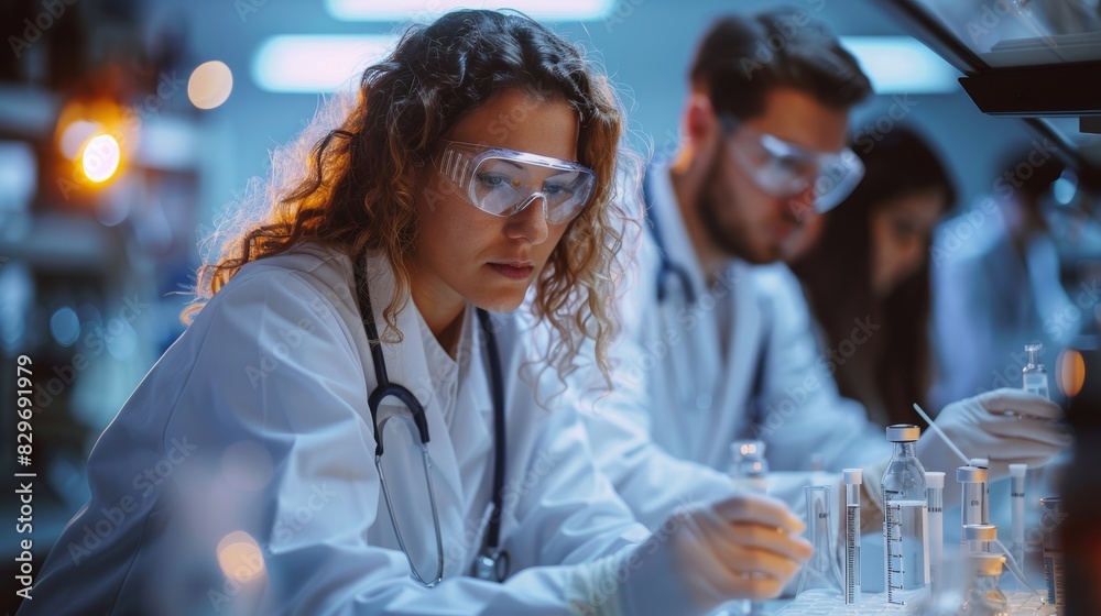 Two scientists with covered faces analyzing samples in a modern laboratory