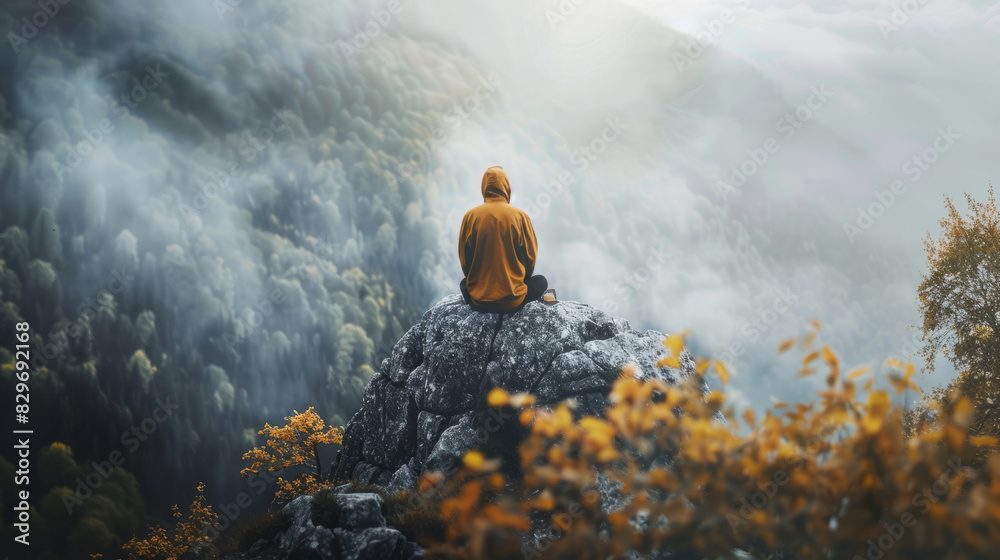 Person meditating outdoors on mountain with scenic view Person meditating outdoors on mountain with scenic view