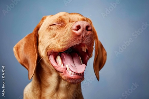 In a studio photo  a friendly Hungarian Vizsla dog is captured pulling a funny face  radiating charm and playfulness. This portrait perfectly captures the lovable and humorous nature of the dog. 