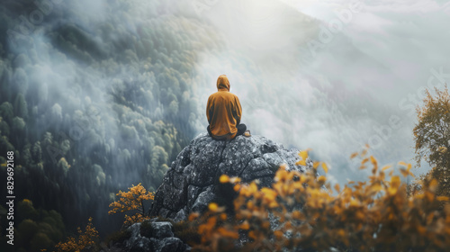 Person meditating outdoors on mountain with scenic view