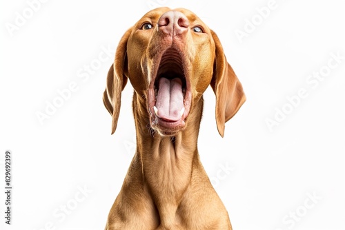 In a studio photo  a friendly Hungarian Vizsla dog is captured pulling a funny face  radiating charm and playfulness. This portrait perfectly captures the lovable and humorous nature of the dog. 