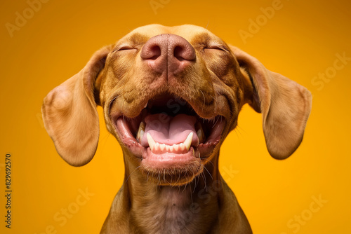 In a studio photo  a friendly Hungarian Vizsla dog is captured pulling a funny face  radiating charm and playfulness. This portrait perfectly captures the lovable and humorous nature of the dog. 