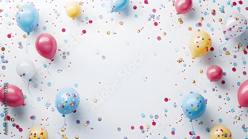 Sparkling anniversary celebration balloon glitter paper confetti arranged gracefully on a clean white surface, leaving an open space in the middle for customized additions