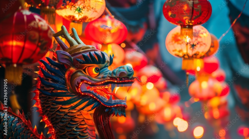 Fototapeta premium Traditional Chinese Dragon Statue with Red Lanterns
