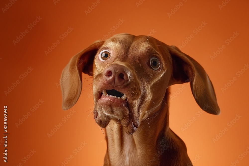 Fototapeta premium In a studio photo, a friendly Hungarian Vizsla dog is captured pulling a funny face, radiating charm and playfulness. This portrait perfectly captures the lovable and humorous nature of the dog. 