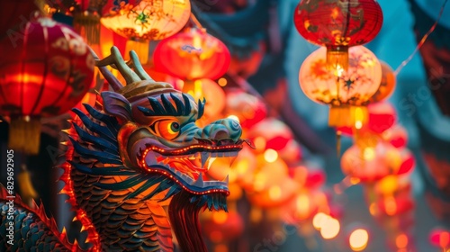 Traditional Chinese Dragon Statue with Red Lanterns