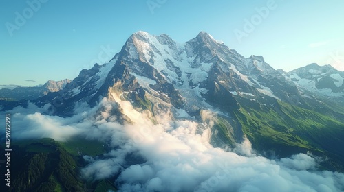 A clear, detailed image showcasing the grandeur of a snow-capped mountain range piercing through clouds