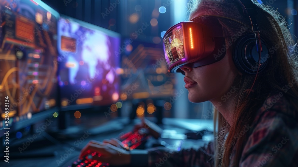 A focused gamer with headphones plays at a neon-lit setup with multiple screens