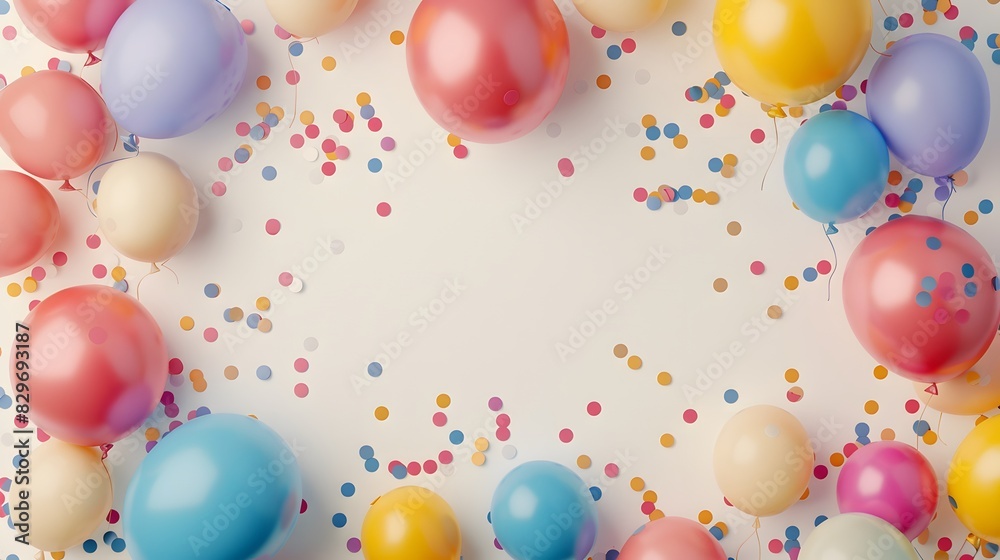 Colorful balloon glitter paper shapes floating elegantly on a white backdrop, providing an empty canvas in the middle for personalized content