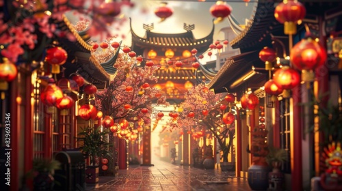 A tree with numerous red lanterns hanging from its branches, creating a striking visual display. The lanterns sway gently in the breeze, adding a pop of color to the surroundings.